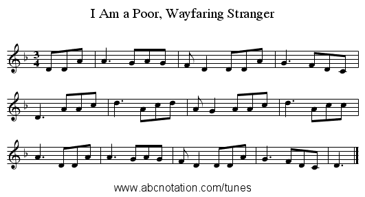 I Am a Poor, Wayfaring Stranger - staff notation