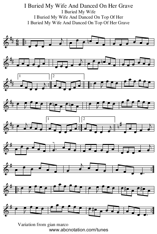 I Buried My Wife And Danced On Her Grave - staff notation