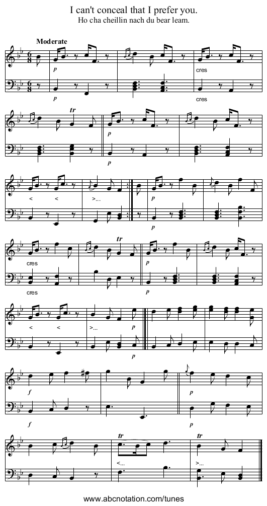 I can't conceal that I prefer you. - staff notation