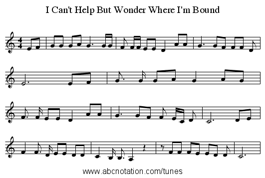 I Can't Help But Wonder Where I'm Bound - staff notation