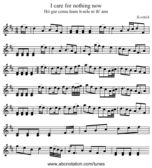I care for nothing now - staff notation