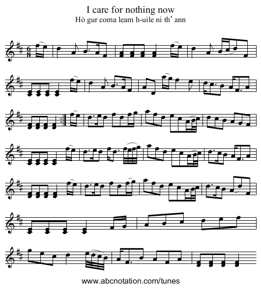 I care for nothing now - staff notation