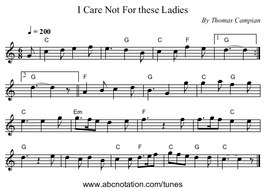 I Care Not For these Ladies - staff notation
