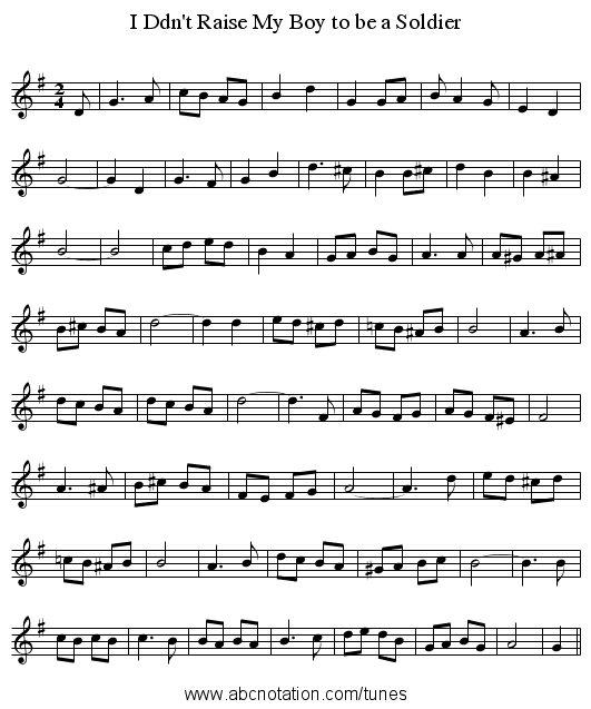 I Ddn't Raise My Boy to be a Soldier - staff notation