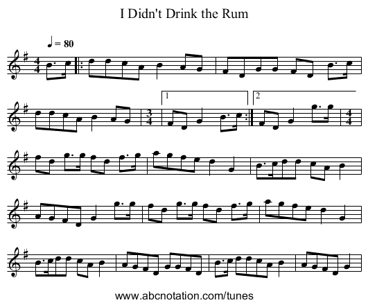 I Didn't Drink the Rum - staff notation