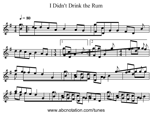 I Didn't Drink the Rum - staff notation