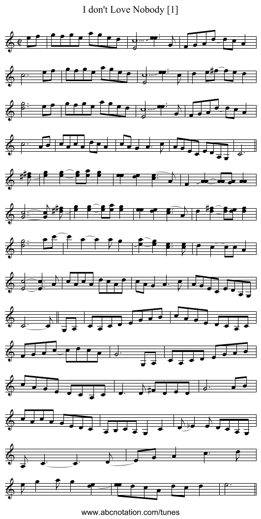I don't Love Nobody [1] - staff notation