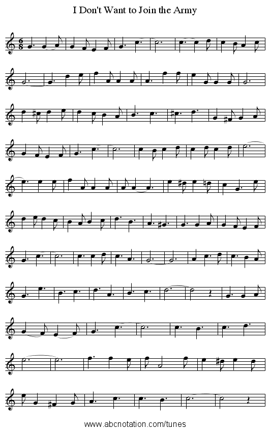 I Don't Want to Join the Army - staff notation