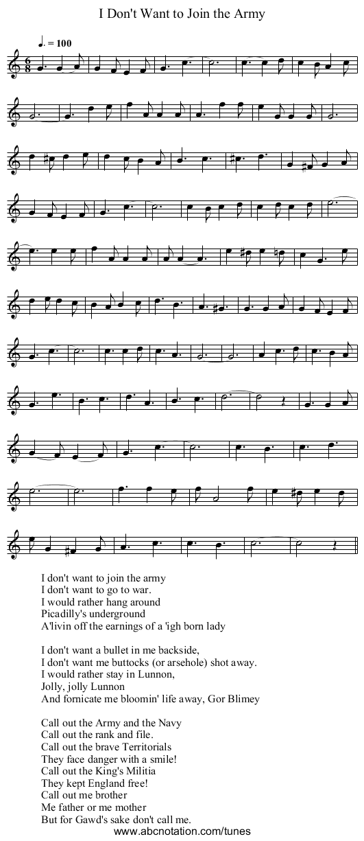 I Don't Want to Join the Army - staff notation