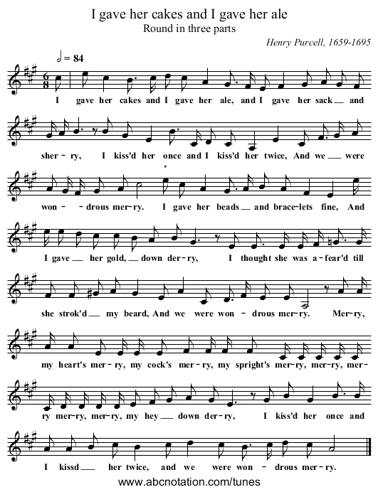 I gave her cakes and I gave her ale - staff notation