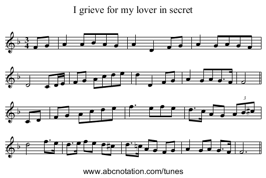 I grieve for my lover in secret - staff notation