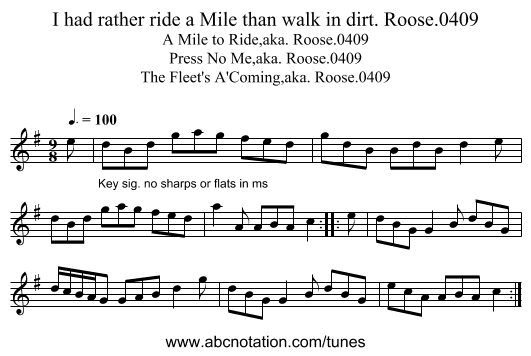 I had rather ride a Mile than walk in dirt. Roose.0409 - staff notation