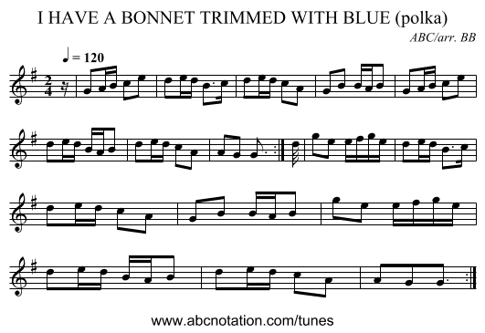 I HAVE A BONNET TRIMMED WITH BLUE (polka) - staff notation