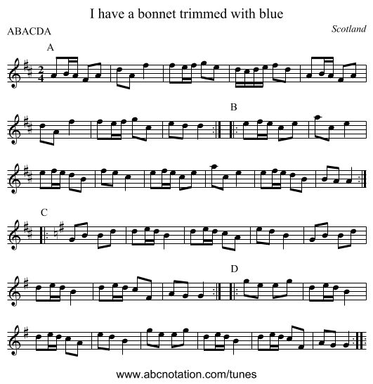 I have a bonnet trimmed with blue - staff notation