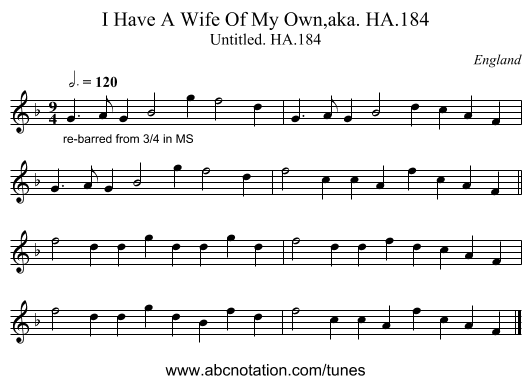 I Have A Wife Of My Own,aka. HA.184 - staff notation