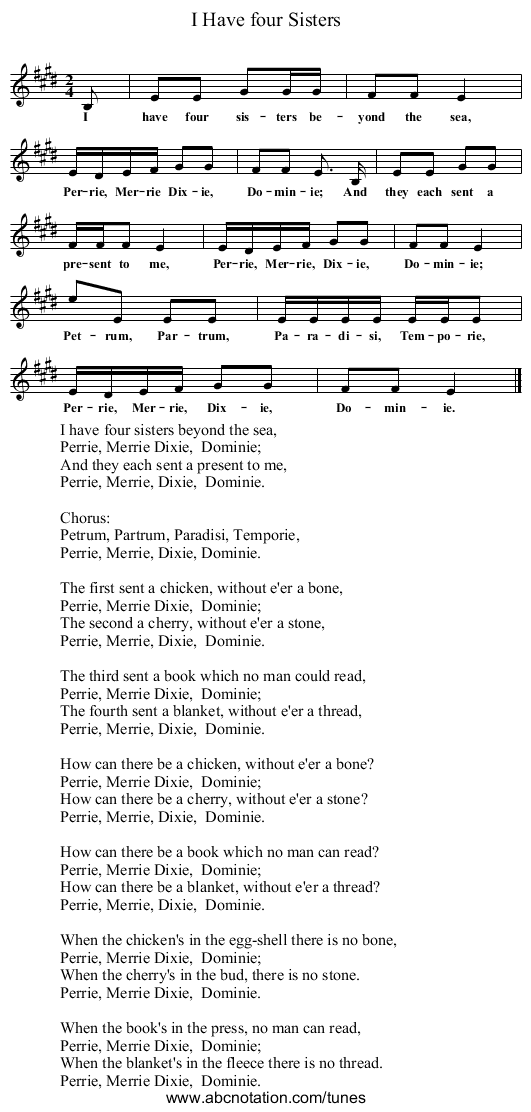 I Have four Sisters - staff notation