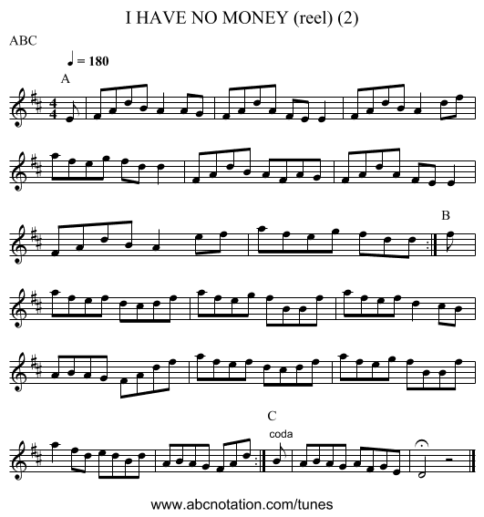 I HAVE NO MONEY (reel) (2) - staff notation