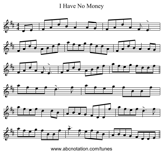 I Have No Money - staff notation