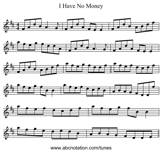 I Have No Money - staff notation
