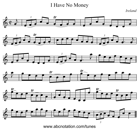 I Have No Money - staff notation