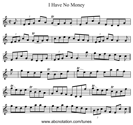 I Have No Money - staff notation