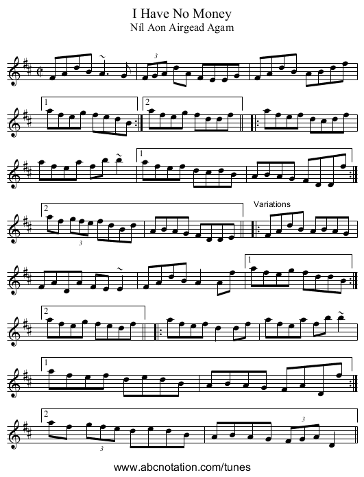 I Have No Money - staff notation