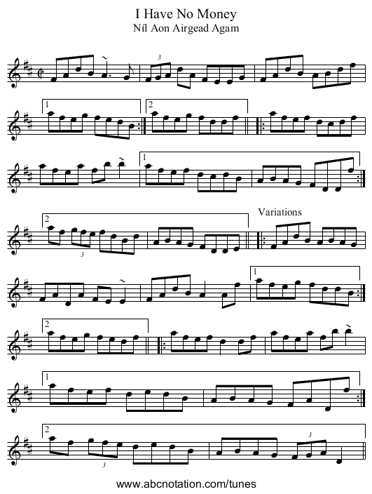I Have No Money - staff notation
