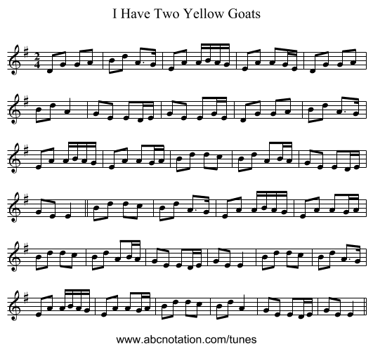 I Have Two Yellow Goats - staff notation
