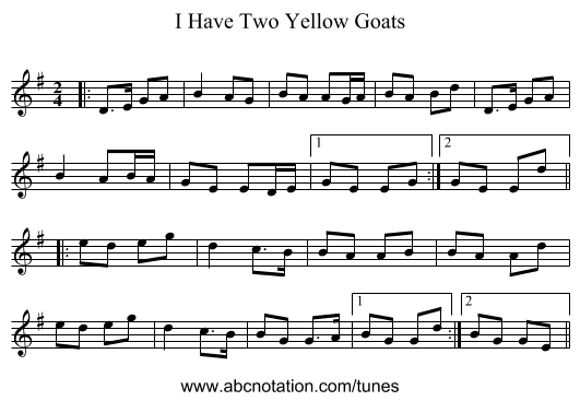 I Have Two Yellow Goats - staff notation