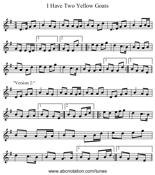 I Have Two Yellow Goats - staff notation