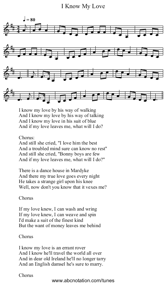 I Know My Love - staff notation