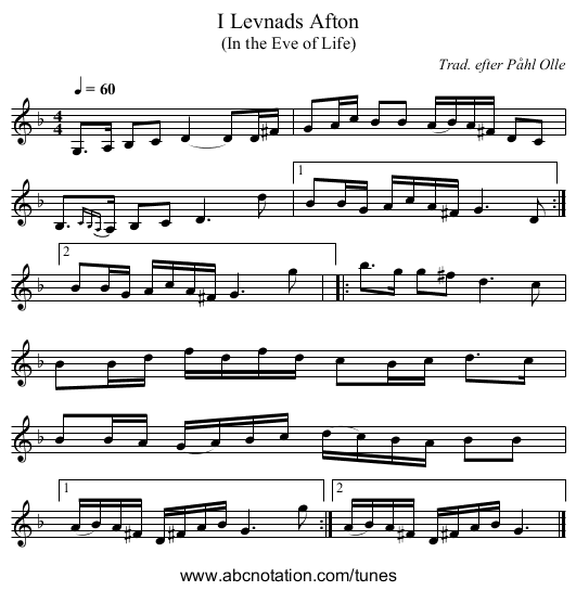 I Levnads Afton - staff notation