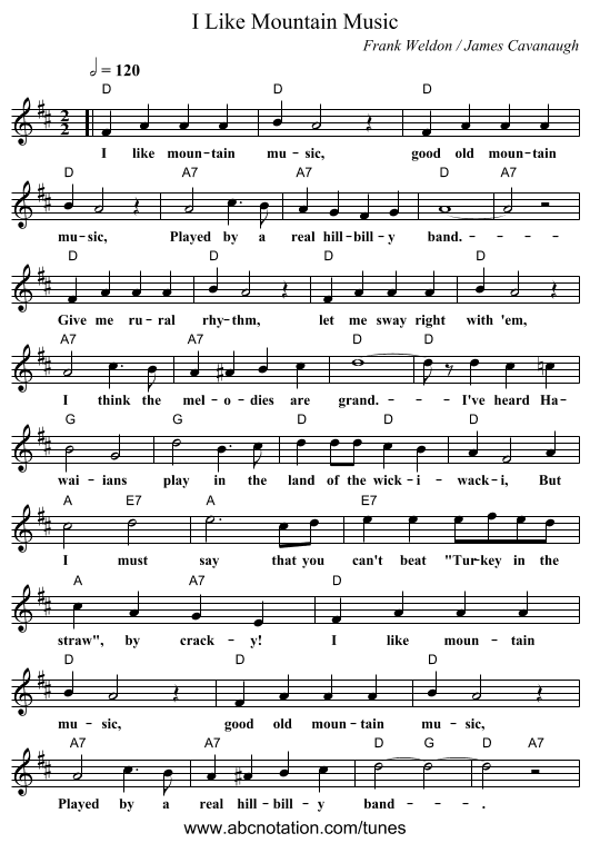 I Like Mountain Music - staff notation