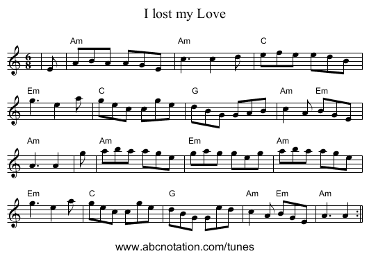 I lost my Love - staff notation