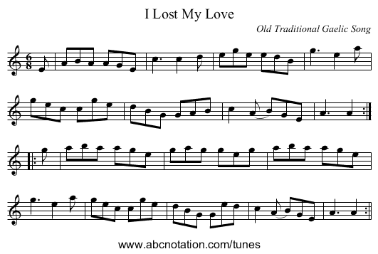 I Lost My Love - staff notation