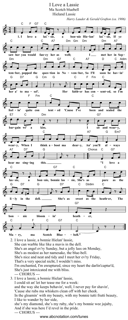 I Love a Lassie - staff notation