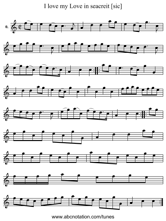 I love my Love in seacreit [sic] - staff notation