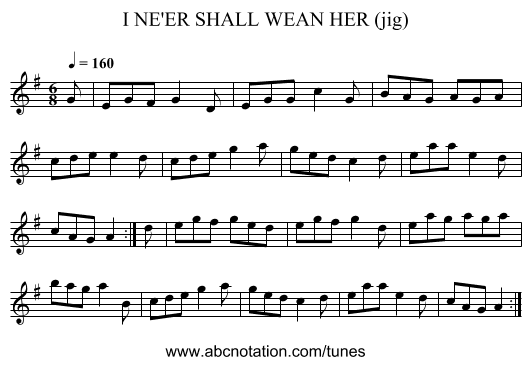 I NE'ER SHALL WEAN HER (jig) - staff notation