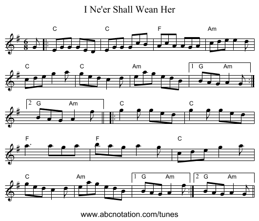 I Ne'er Shall Wean Her - staff notation