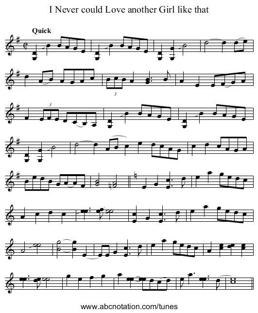 I Never could Love another Girl like that - staff notation