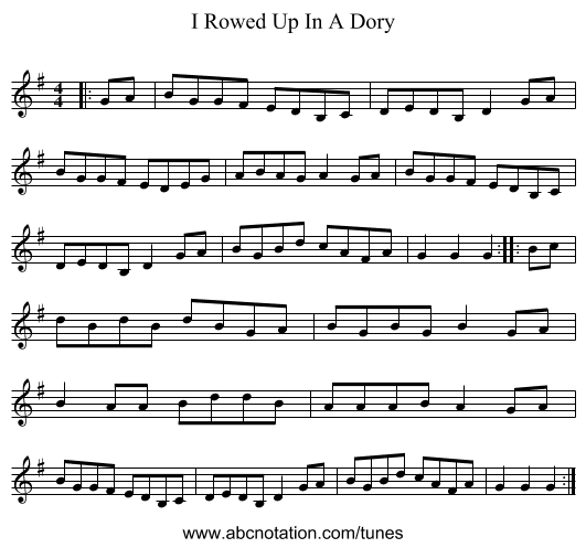 I Rowed Up In A Dory - staff notation