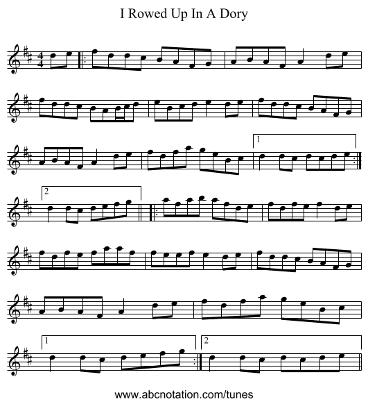 I Rowed Up In A Dory - staff notation