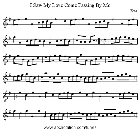 I Saw My Love Come Passing By Me - staff notation