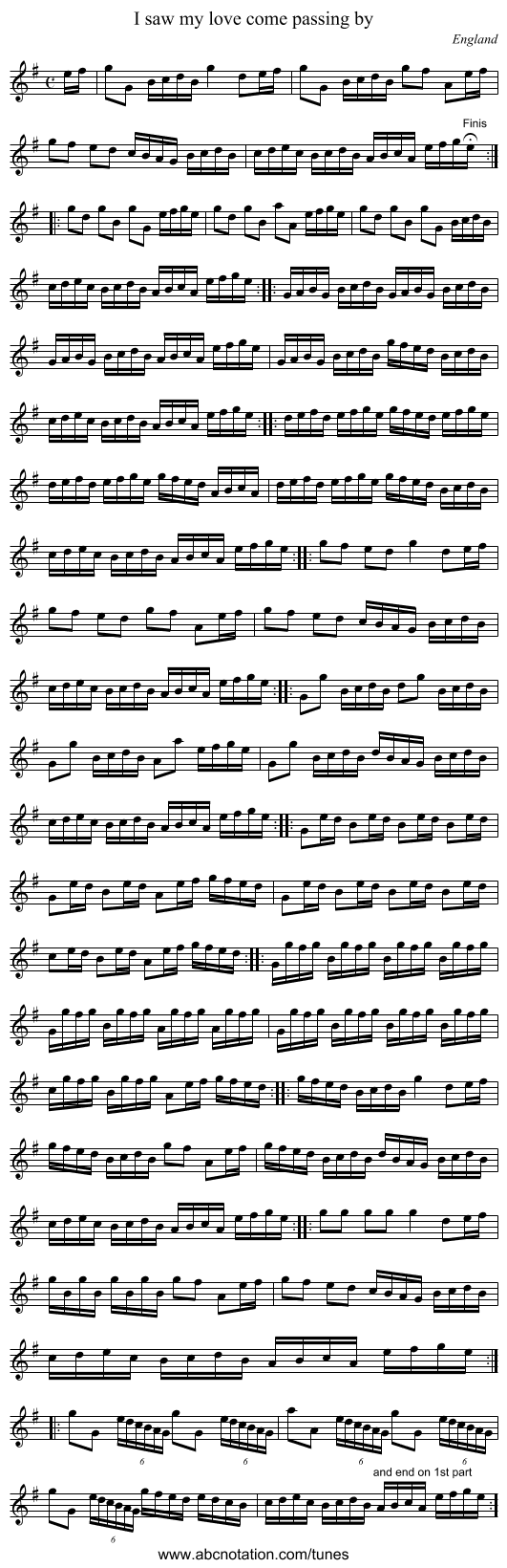 I saw my love come passing by - staff notation