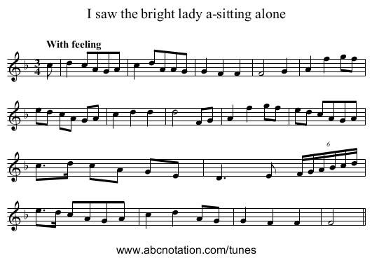 I saw the bright lady a-sitting alone - staff notation