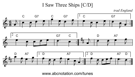 I Saw Three Ships [C/D] - staff notation