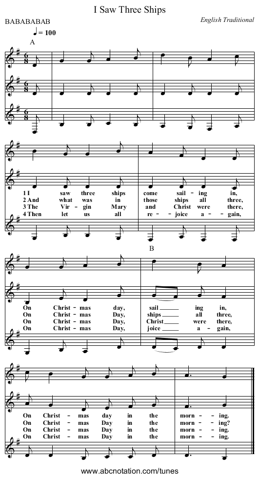 I Saw Three Ships - staff notation