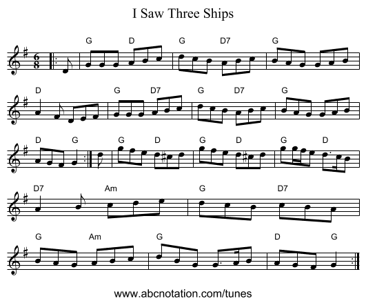 I Saw Three Ships - staff notation