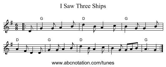 I Saw Three Ships - staff notation