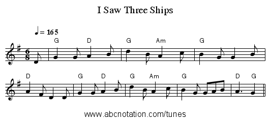 I Saw Three Ships - staff notation